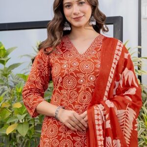 Rangnavi Women's Pure Cotton Printed Straight Kurta with Pants and Dupatta Set | Ethnic Set | Suit Set | Kurta Set