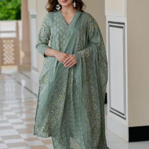 Arayna Women’s Cotton Printed Kurta Set with Pants & Dupatta | Elegant Ethnic Wear for Women | Floral Print | Comfortable Suit Set